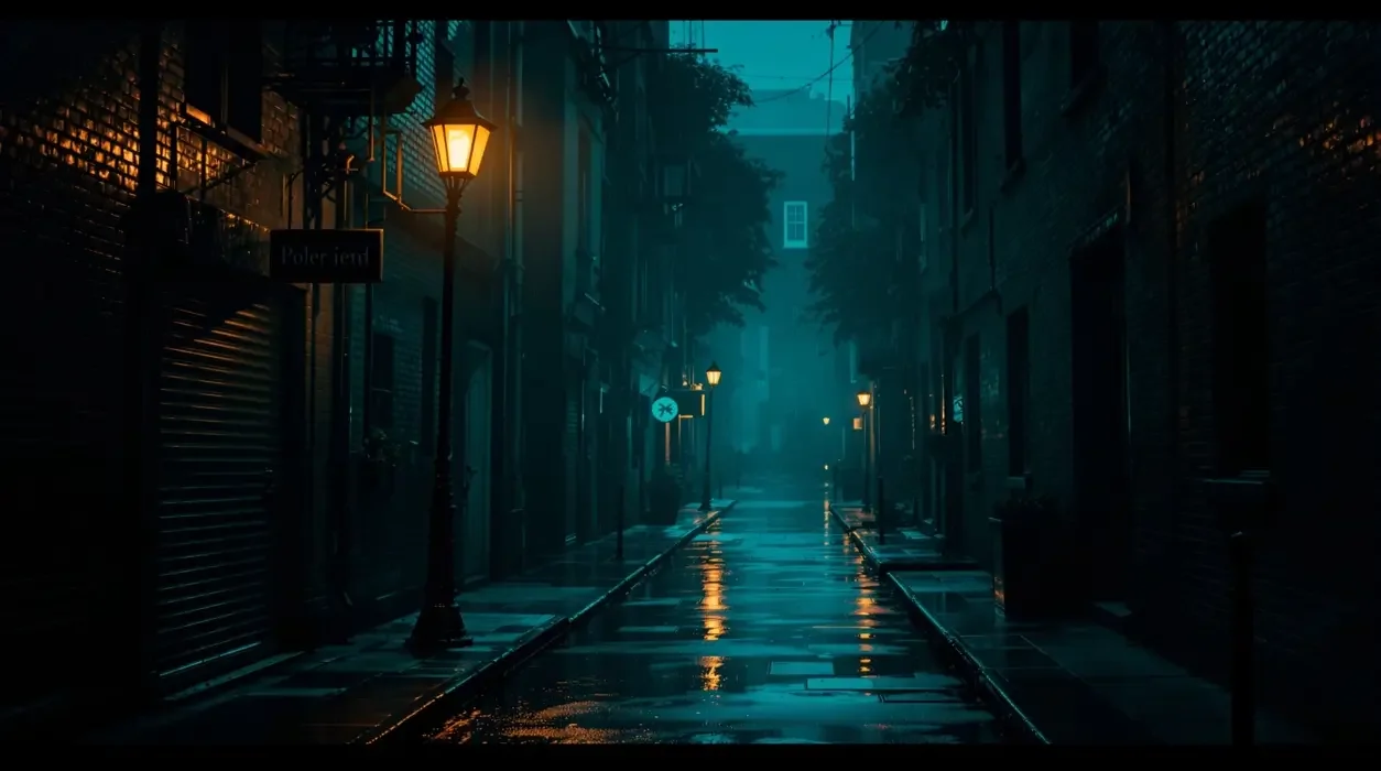 深夜 noir 专题封面 深夜 noir 专题封面:墨绿夜色中被暖金路灯照亮的雨巷,电影海报风格插画